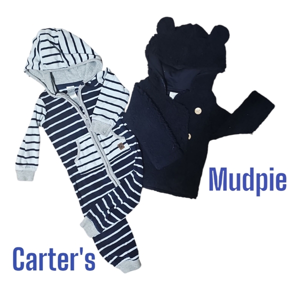 Mudpie Infant Boys NavySherpa Hooded Coat and Onesie - Picture 1 of 8